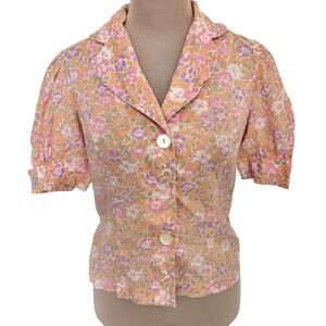 Vintage 60's Fritzi California Cottage Floral Puff Sleeve Cotton Blouse w/ Tie